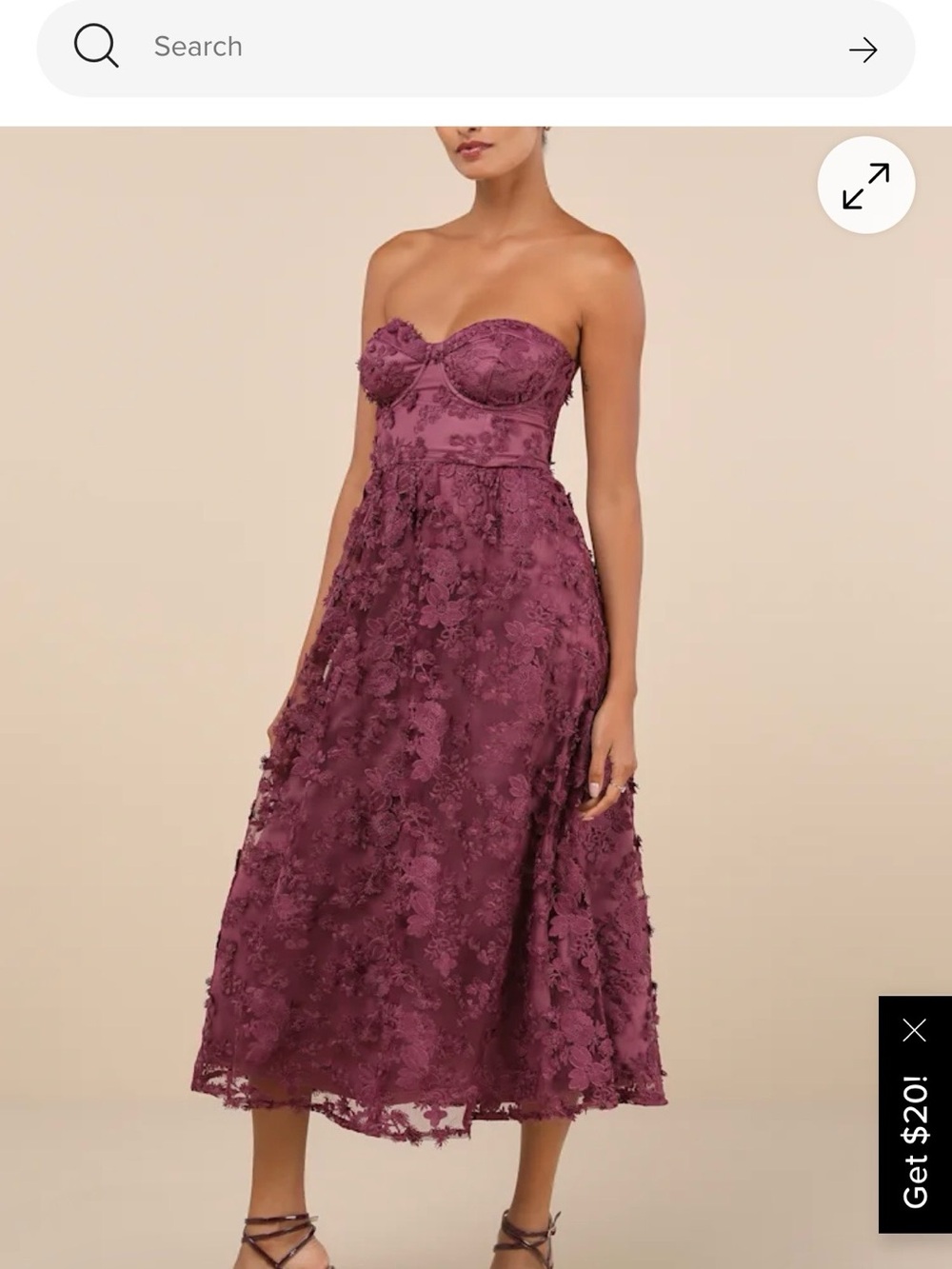 Lulu's Plum Strapless Floral Appliqué Midi Dress